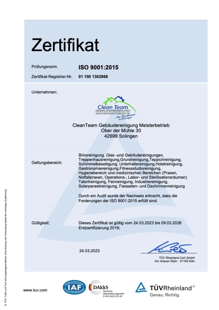 TÜV Rheinland Zertifikat ISO 9001:2015 für CleanTeam Gebäudereinigung Meisterbetrieb, Solingen.